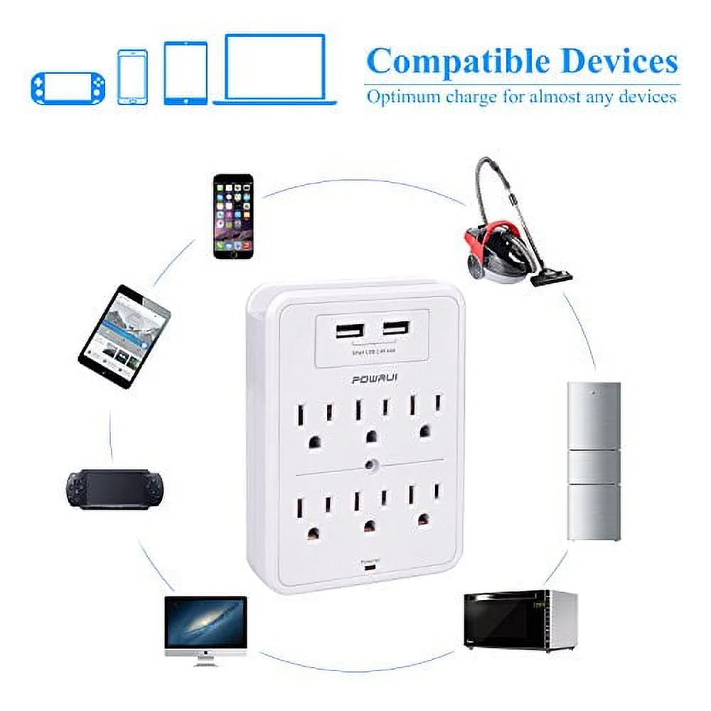 6-Outlet Surge Protector, 2.4A 100-240V White AC Outlet Electrical Outlet