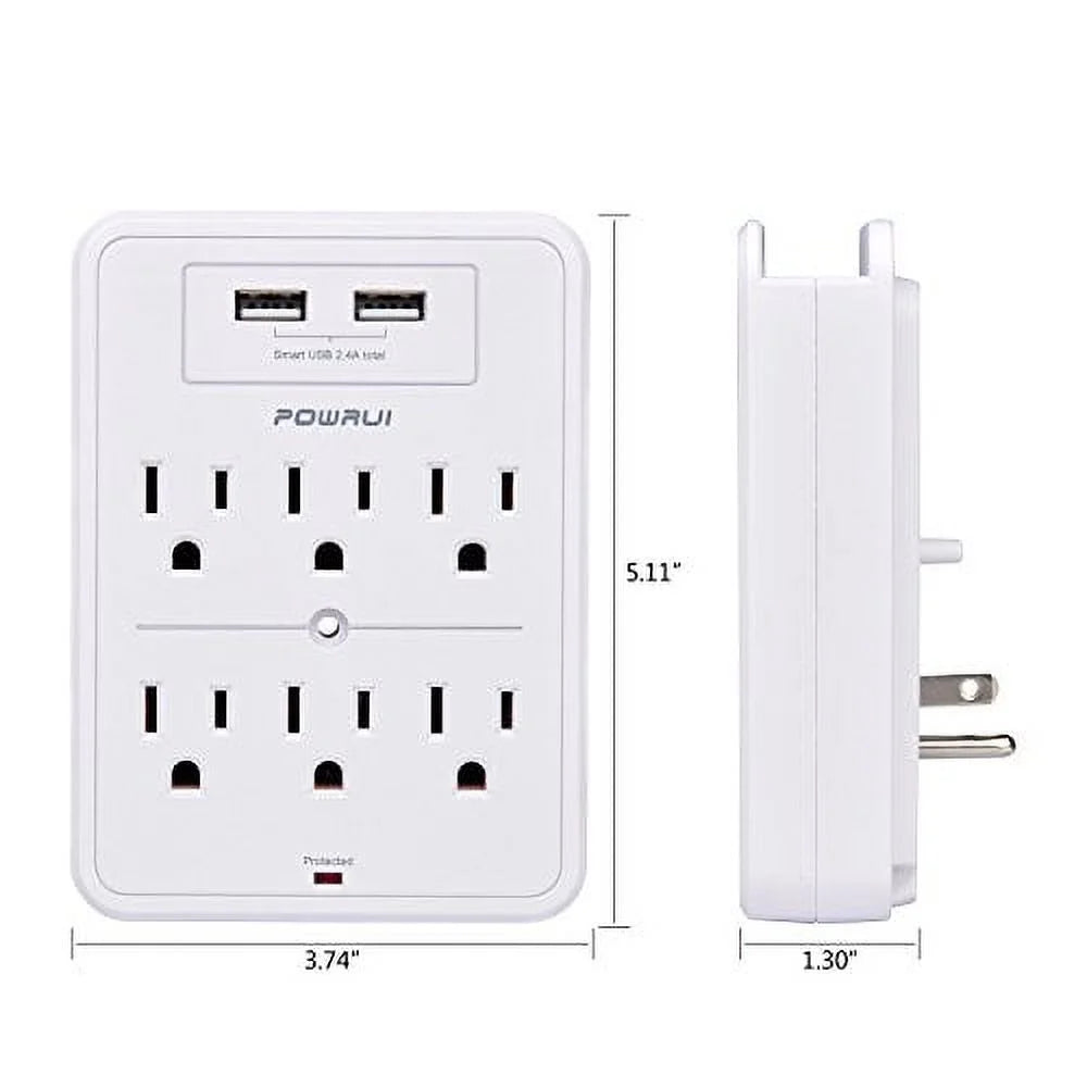 6-Outlet Surge Protector, 2.4A 100-240V White AC Outlet Electrical Outlet