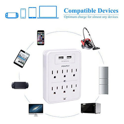 6-Outlet Surge Protector, 2.4A 100-240V White AC Outlet Electrical Outlet
